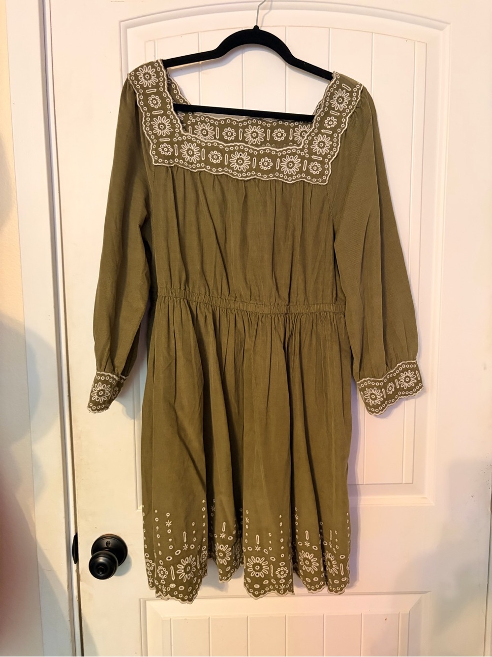 Madewell Olive Green Embroidered Square-Neck Long Sleeve Dress